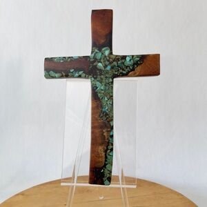 Handmade Wall Hanging Mesquite Cross, Sanded Wood & Resin with Turquoise Inlay